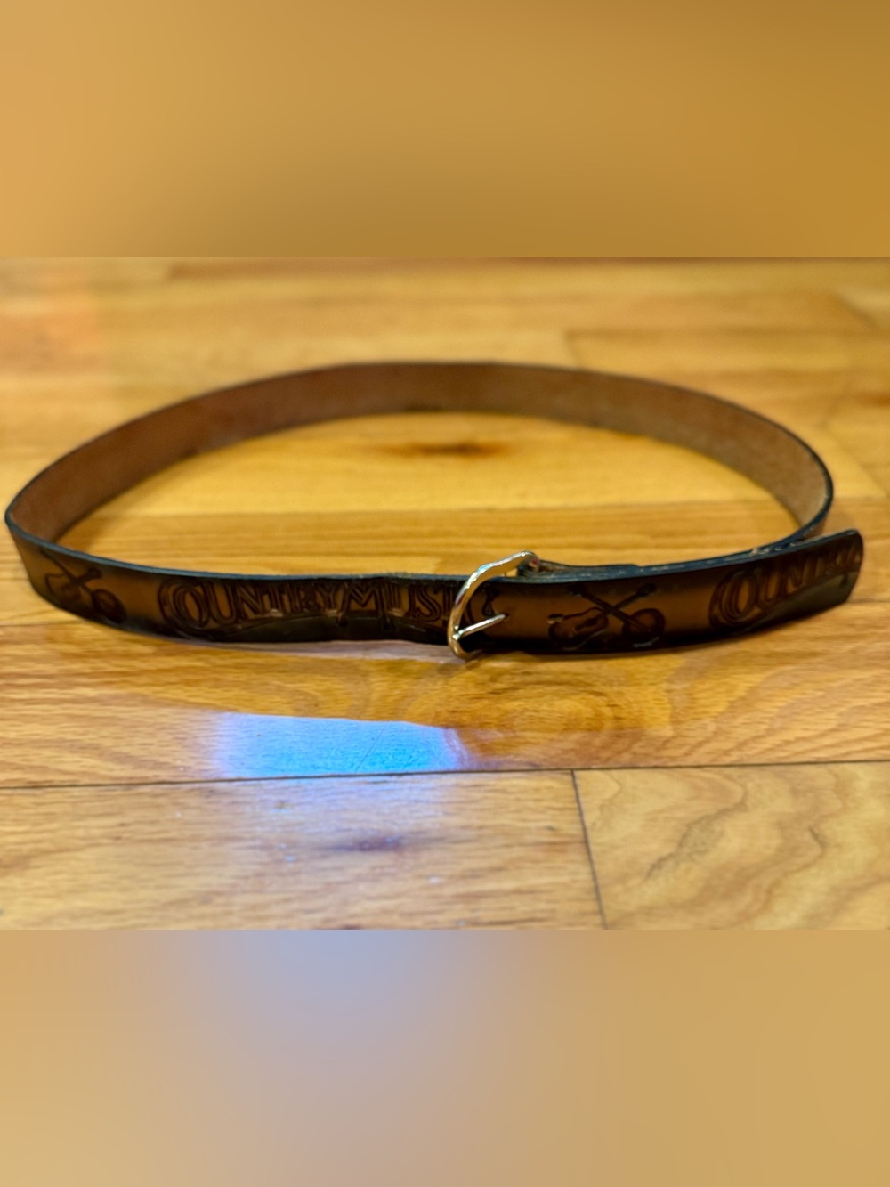 Vintage Brown Leather Belt with Embossed Country Music/ Bango & Guitar Detail
